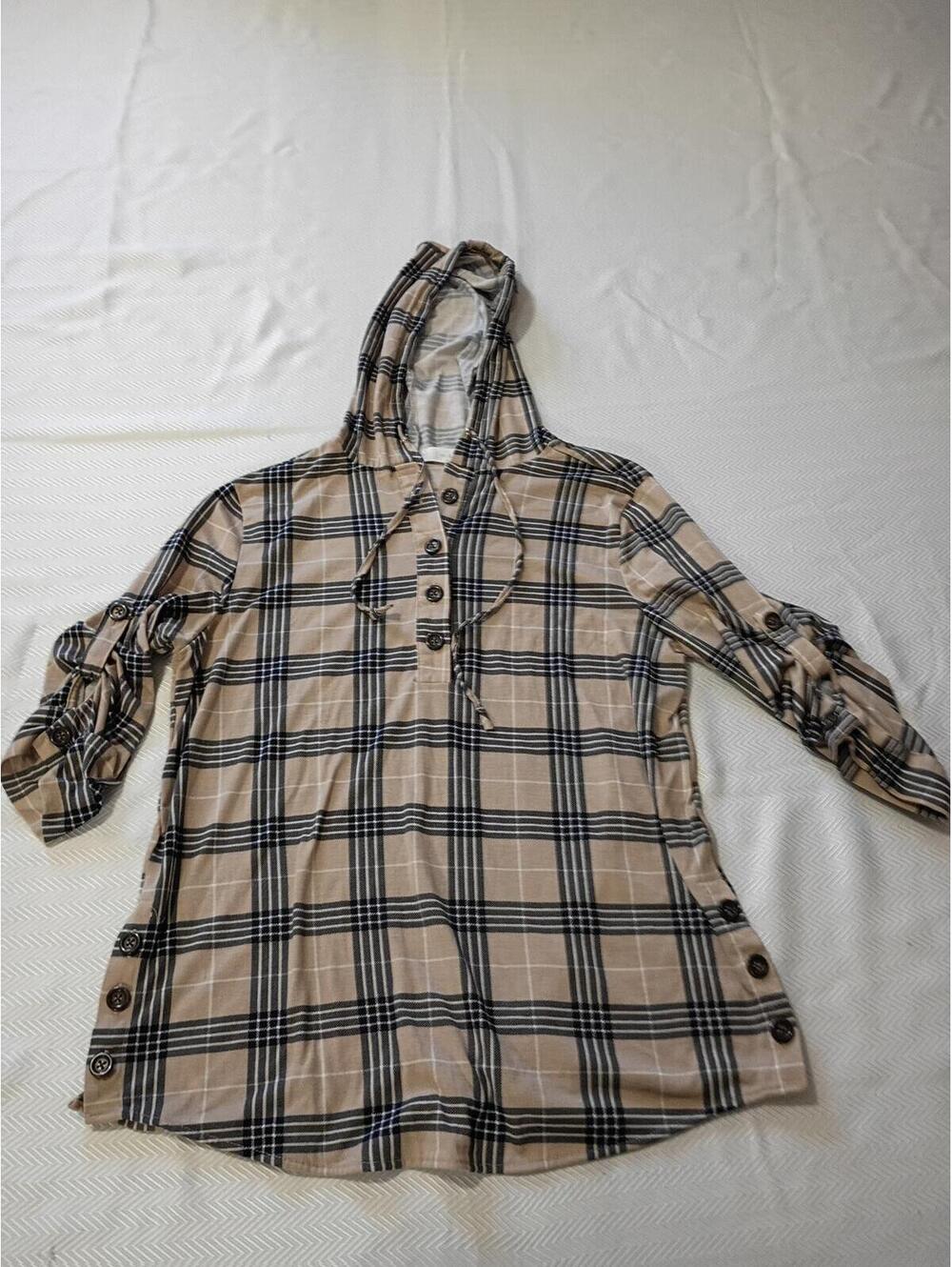 Beige and Black Plaid Hooded Button-Up Shirt